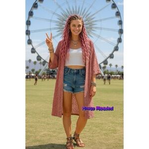 David and Young Duster Pink Crushed Velvet Floral Boho Whimsigoth Festival Beach